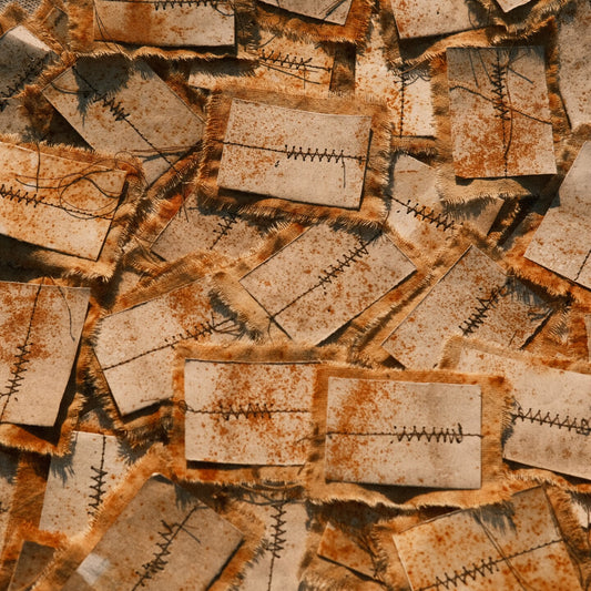 Vintage-Style Junk Journal Embellishments: Rust-Distressed Sewn Fabric Tags & Wasteland-Themed Collage Paper