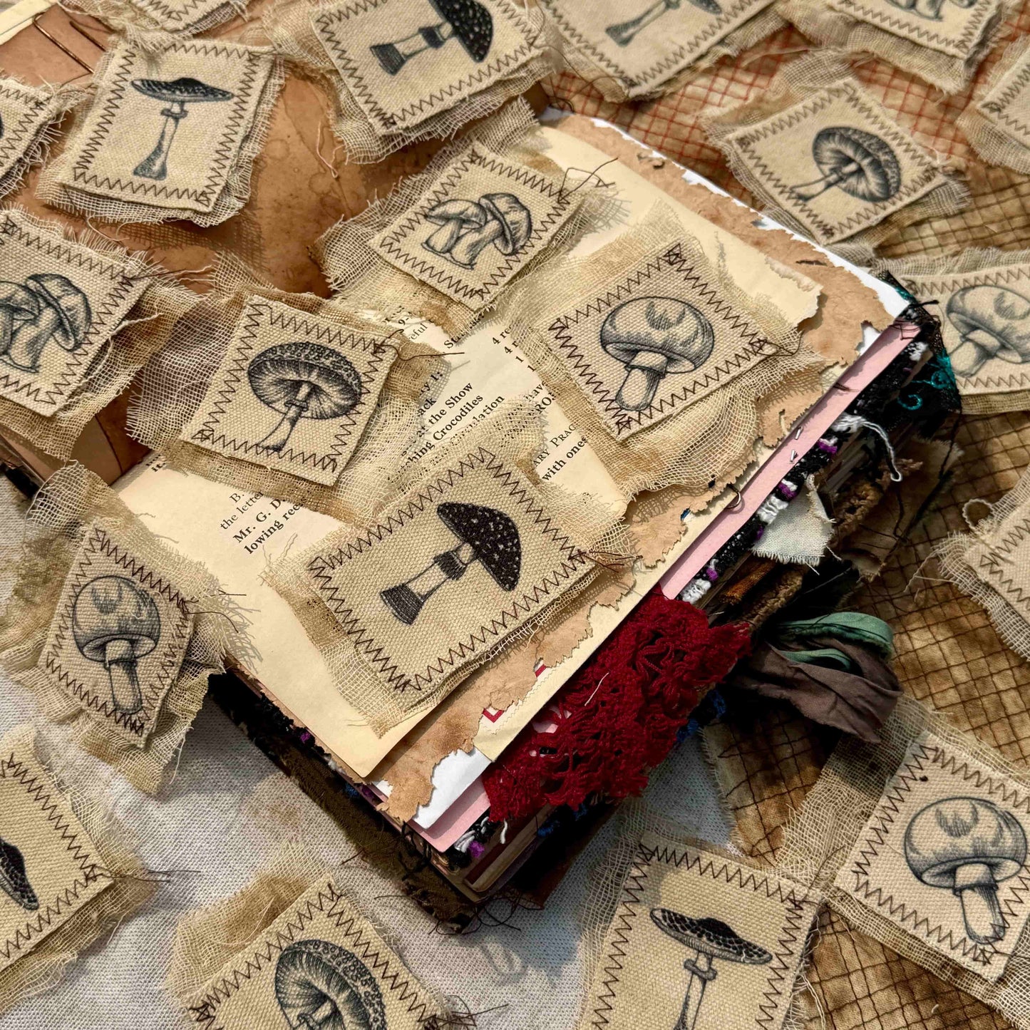 Vintage-Style Journaling Supplies: Mushroom-Themed Canvas & Mesh Fabric Embellishments — DIY Fabric Patches for Junk Journals and Handmade Collages