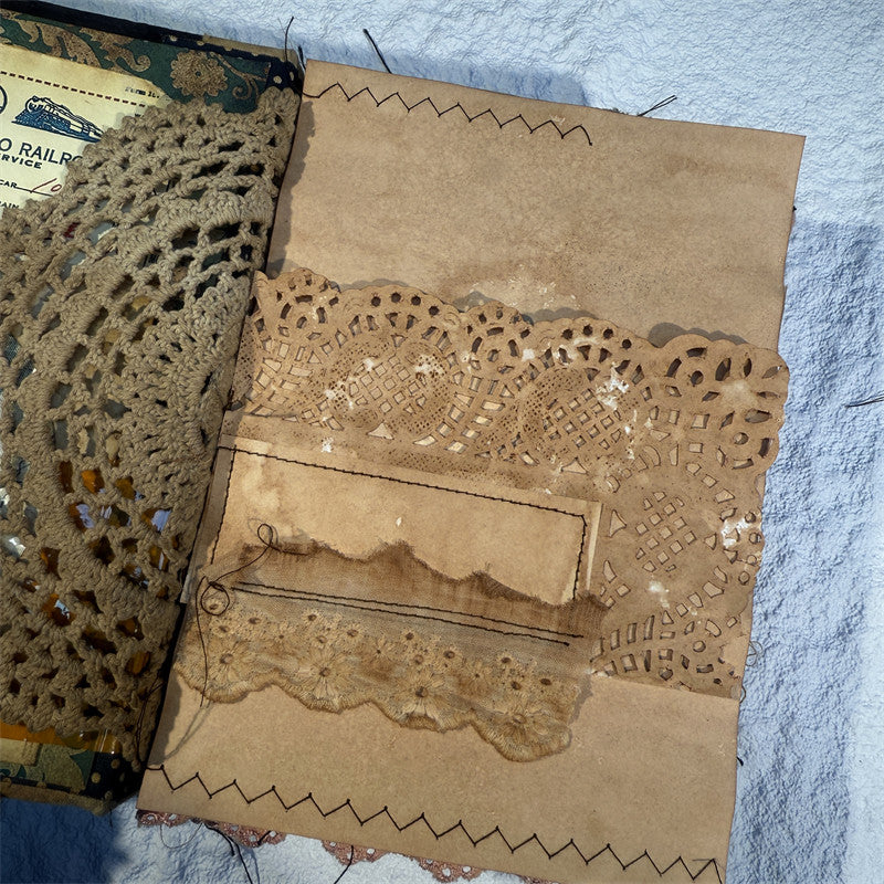 Purely Handmade Tea-Dyed Lace Fabric Collage Stationery — Vintage Junk Journal & Sewing Embellishment