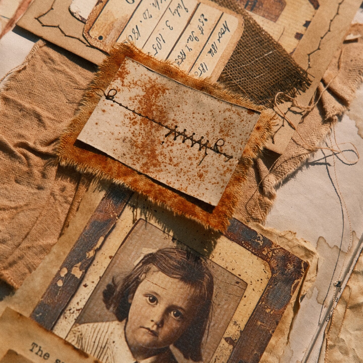 Vintage-Style Junk Journal Embellishments: Rust-Distressed Sewn Fabric Tags & Wasteland-Themed Collage Paper