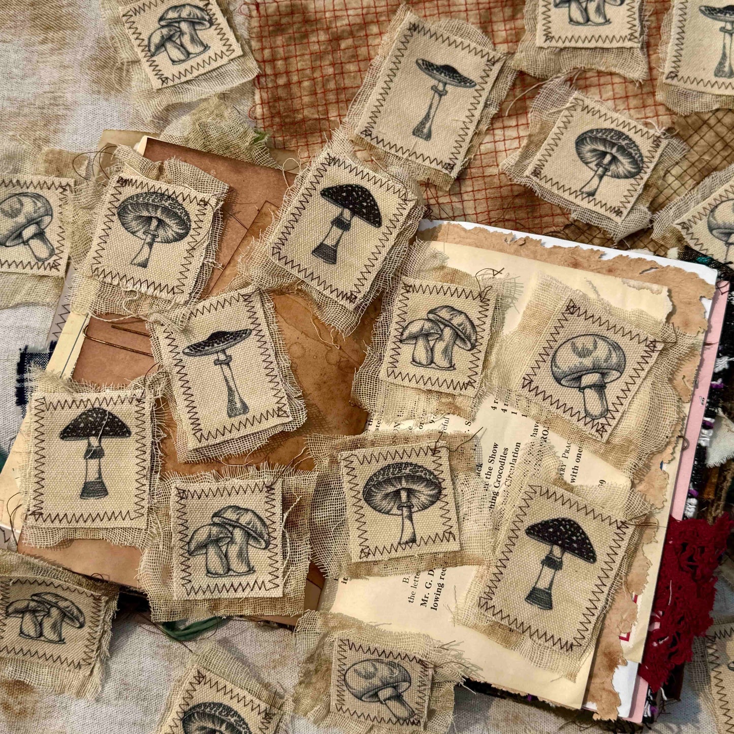 Vintage-Style Journaling Supplies: Mushroom-Themed Canvas & Mesh Fabric Embellishments — DIY Fabric Patches for Junk Journals and Handmade Collages