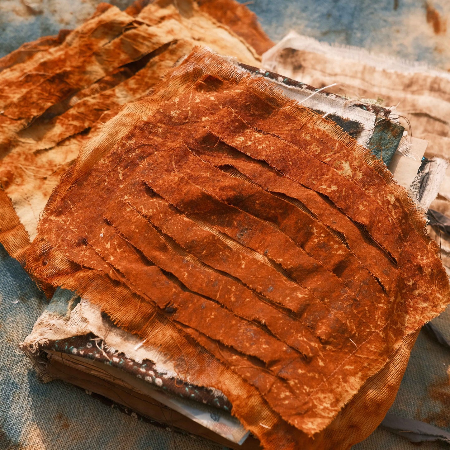 Rust-Dyed, Burned-Edge, Wasteland Punk-Style Hand-Torn Fabric — Vintage Journaling Art