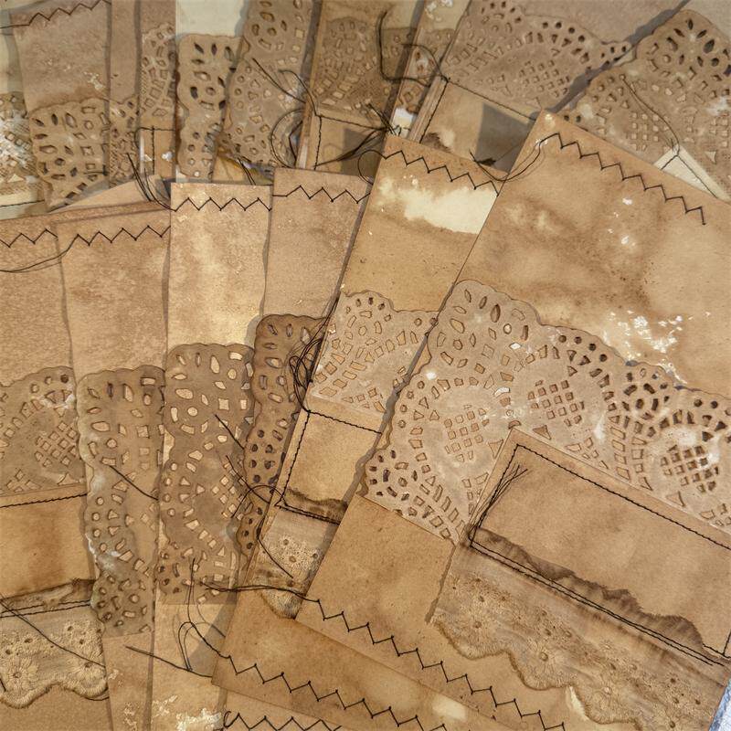 Purely Handmade Tea-Dyed Lace Fabric Collage Stationery — Vintage Junk Journal & Sewing Embellishment