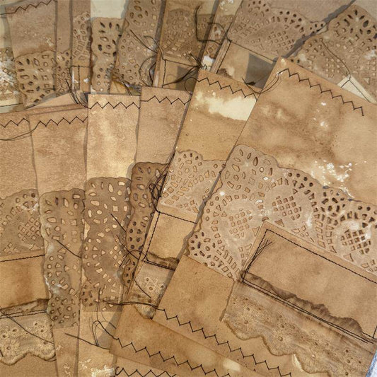 Purely Handmade Tea-Dyed Lace Fabric Collage Stationery — Vintage Junk Journal & Sewing Embellishment
