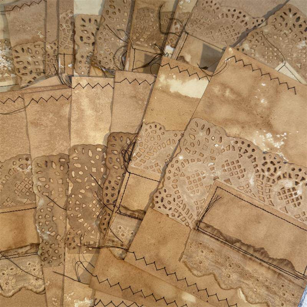 Purely Handmade Tea-Dyed Lace Fabric Collage Stationery — Vintage Junk Journal & Sewing Embellishment