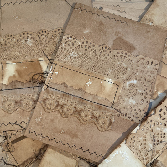 Purely Handmade Tea-Dyed Lace Fabric Collage Stationery — Vintage Junk Journal & Sewing Embellishment