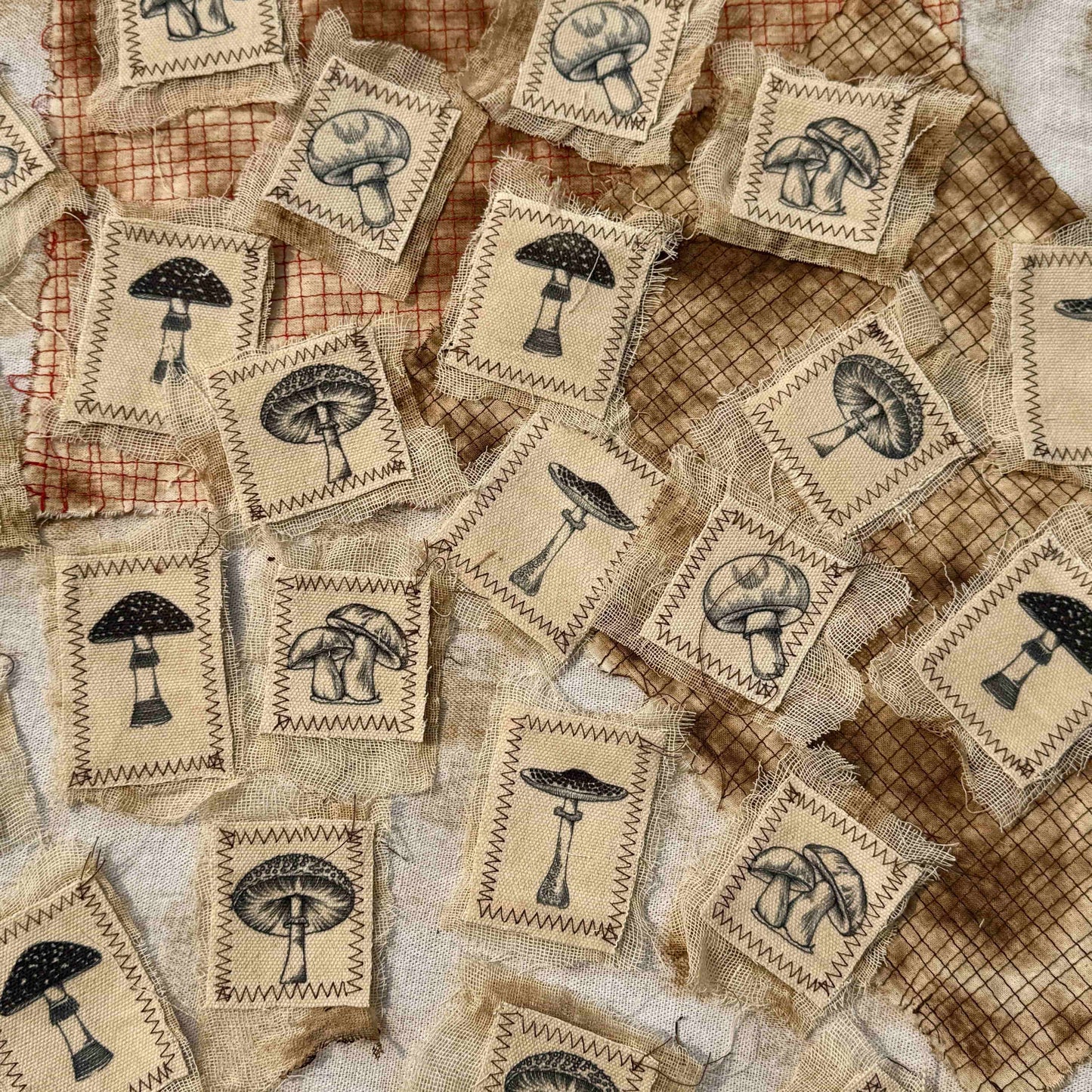 Vintage-Style Journaling Supplies: Mushroom-Themed Canvas & Mesh Fabric Embellishments — DIY Fabric Patches for Junk Journals and Handmade Collages