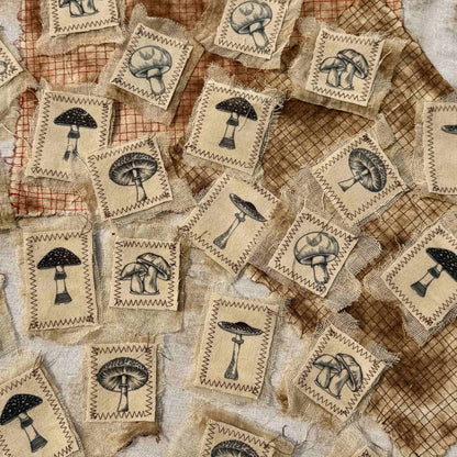 Vintage-Style Journaling Supplies: Mushroom-Themed Canvas & Mesh Fabric Embellishments — DIY Fabric Patches for Junk Journals and Handmade Collages