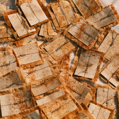 Vintage-Style Junk Journal Embellishments: Rust-Distressed Sewn Fabric Tags & Wasteland-Themed Collage Paper