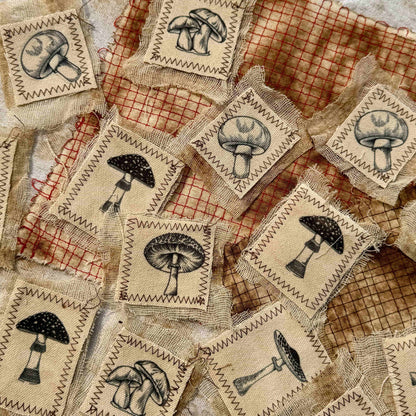 Vintage-Style Journaling Supplies: Mushroom-Themed Canvas & Mesh Fabric Embellishments — DIY Fabric Patches for Junk Journals and Handmade Collages