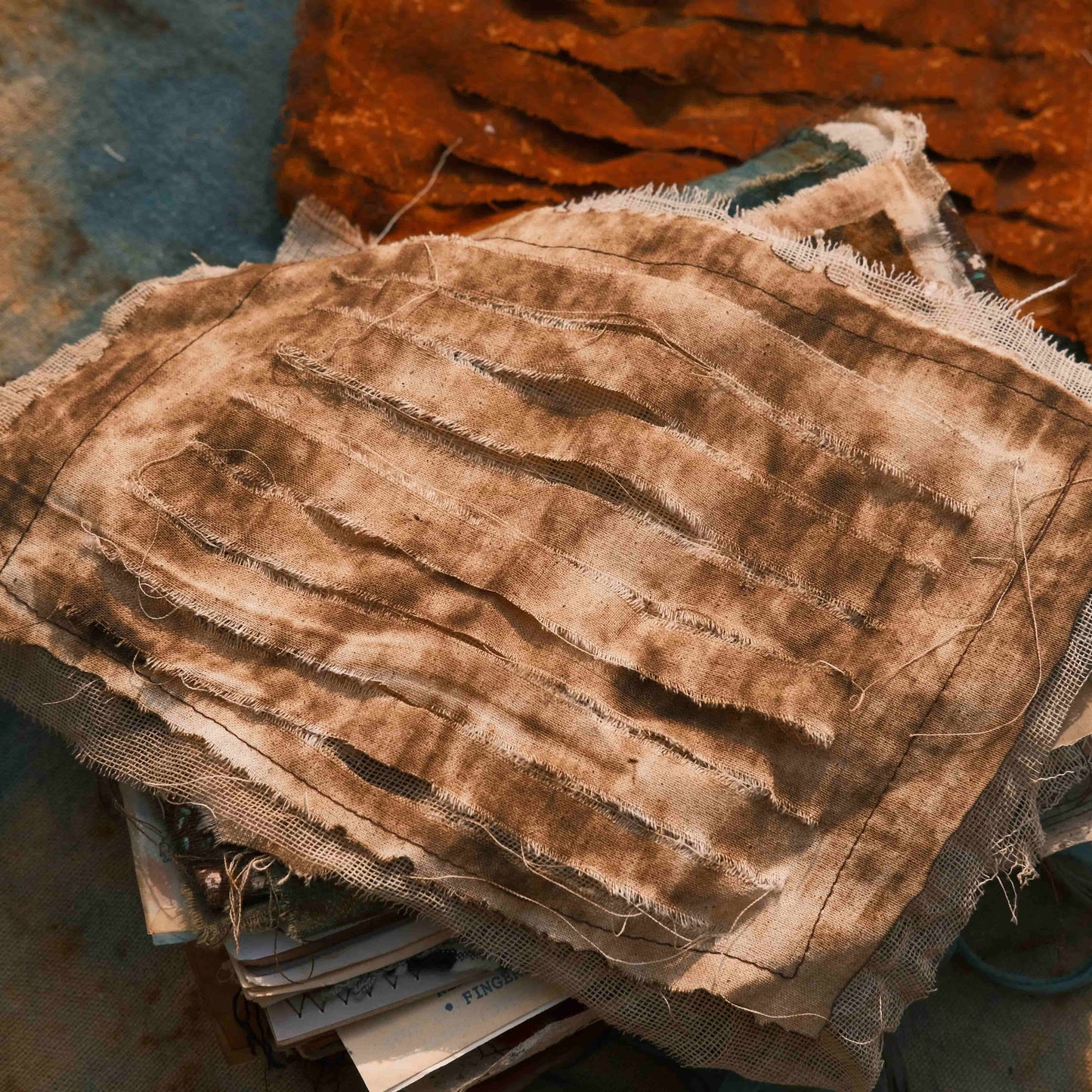 Rust-Dyed, Burned-Edge, Wasteland Punk-Style Hand-Torn Fabric — Vintage Journaling Art