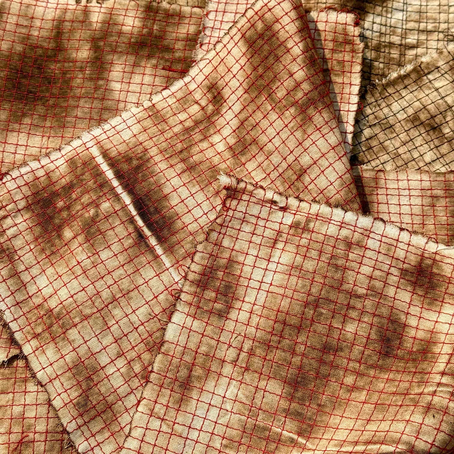 Vintage Distressed Plaid Fabric — Burnt-Effect, Ideal for Sewing, DIY Crafts, and "Wasteland" Style Projects