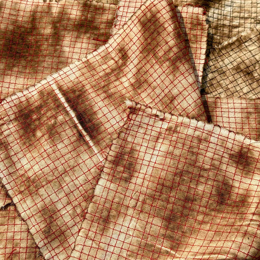 Vintage Distressed Plaid Fabric — Burnt-Effect, Ideal for Sewing, DIY Crafts, and "Wasteland" Style Projects