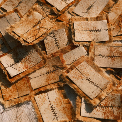 Vintage-Style Junk Journal Embellishments: Rust-Distressed Sewn Fabric Tags & Wasteland-Themed Collage Paper