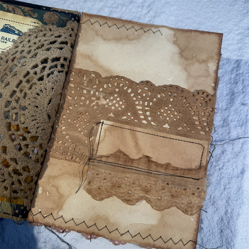 Purely Handmade Tea-Dyed Lace Fabric Collage Stationery — Vintage Junk Journal & Sewing Embellishment