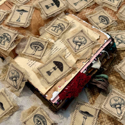 Vintage-Style Journaling Supplies: Mushroom-Themed Canvas & Mesh Fabric Embellishments — DIY Fabric Patches for Junk Journals and Handmade Collages