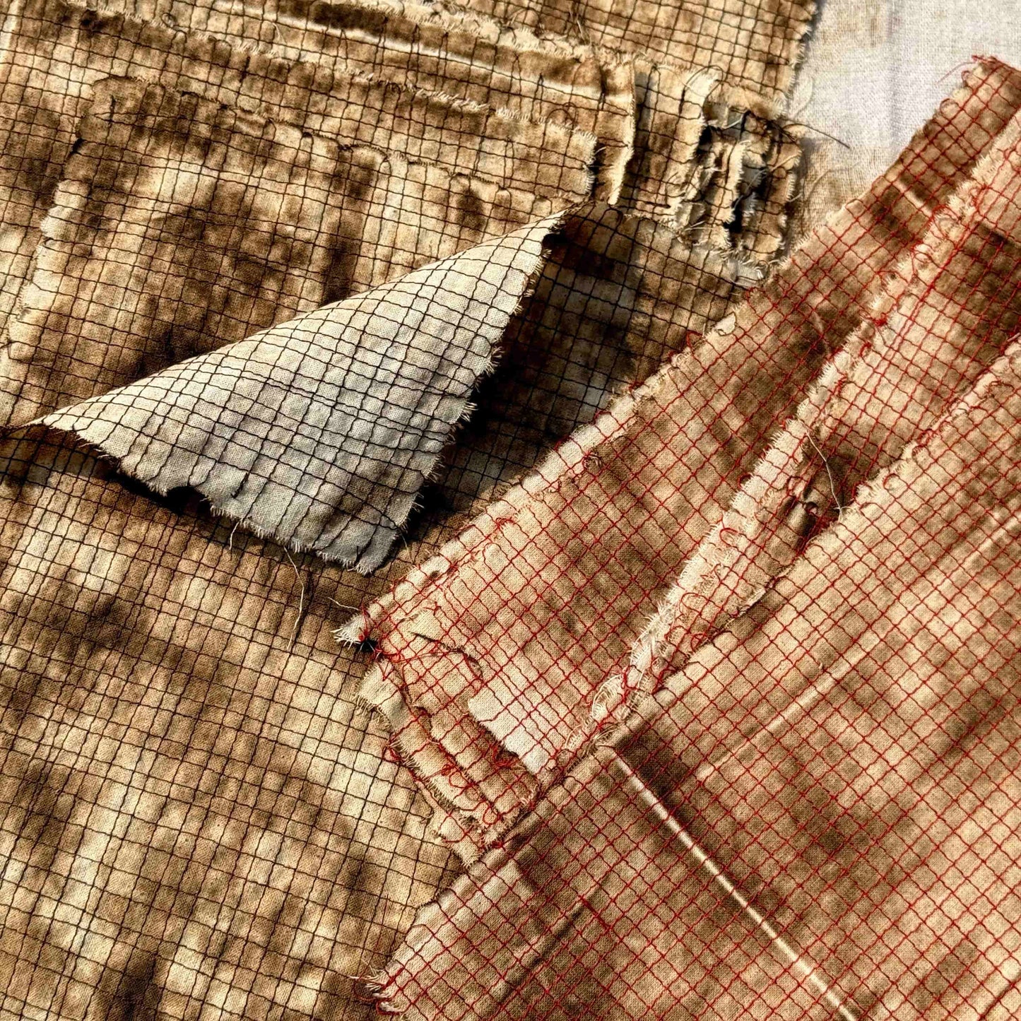 Vintage Distressed Plaid Fabric — Burnt-Effect, Ideal for Sewing, DIY Crafts, and "Wasteland" Style Projects