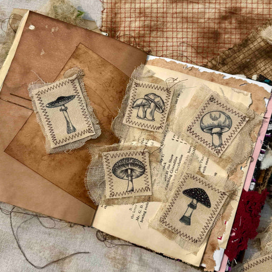 Vintage-Style Journaling Supplies: Mushroom-Themed Canvas & Mesh Fabric Embellishments — DIY Fabric Patches for Junk Journals and Handmade Collages