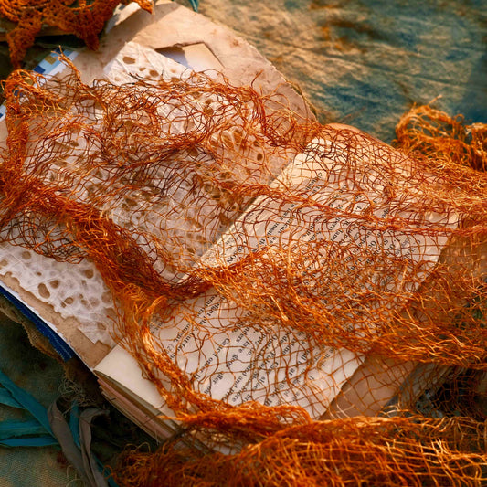 Hand-Dyed Rust & Distressed Fishing Net Gauze — Junk Journal, Vintage Planner, and Wasteland-Themed Decor