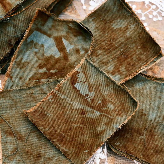 Hand-Dyed Rust & Blue Denim Fabric — Distressed Vintage Decorative Cloth for DIY Journals, Collage, and Photography Backdrops
