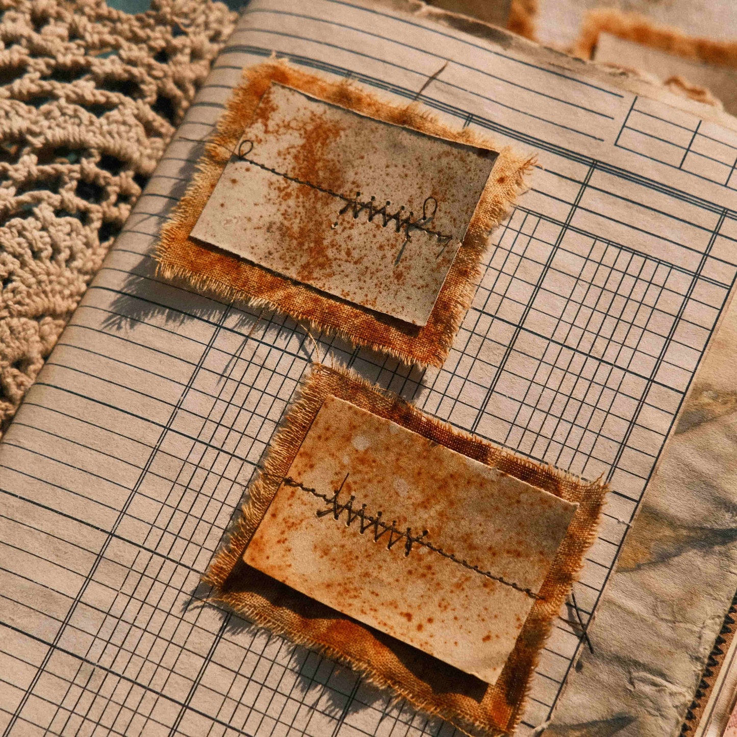 Vintage-Style Junk Journal Embellishments: Rust-Distressed Sewn Fabric Tags & Wasteland-Themed Collage Paper