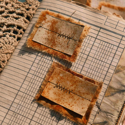 Vintage-Style Junk Journal Embellishments: Rust-Distressed Sewn Fabric Tags & Wasteland-Themed Collage Paper