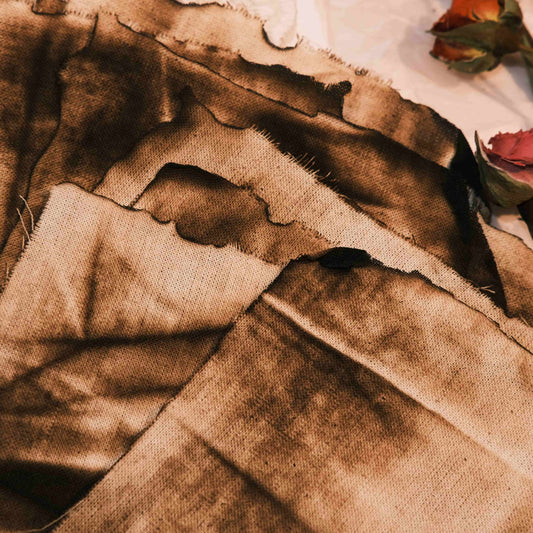 Vintage-style distressed and tattered fabric, suitable for art journaling, DIY collage, and wasteland-themed photo backdrops.