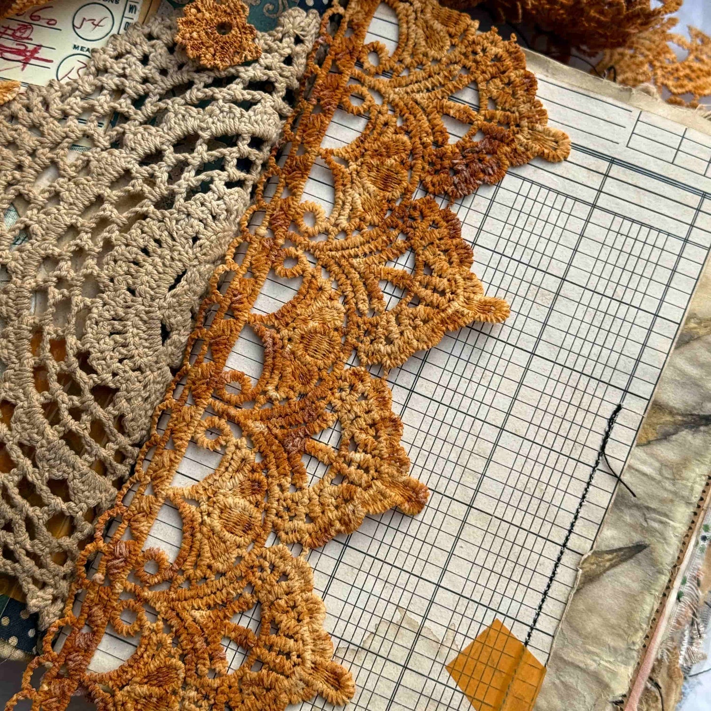 Hand-Dyed Rust Lace Trim — Vintage-Style Junk Journal & Art Diary Accent