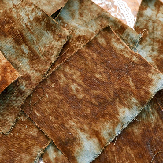 Hand-Dyed Rust & Blue Denim Fabric — Distressed Vintage Decorative Cloth for DIY Journals, Collage, and Photography Backdrops