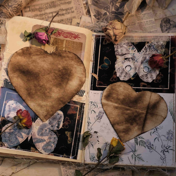 Vintage distressed, tattered, and burnt heart-shaped fabric - art journal DIY decoration